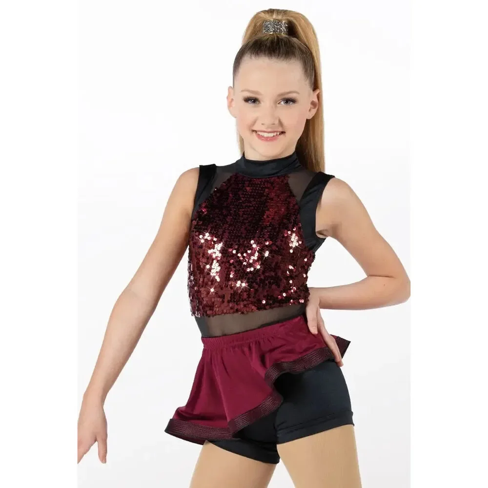 Pre-Owned Dance Costume Weissman 13499 Int Child Burgundy 2 in 1 Jazz Sequin